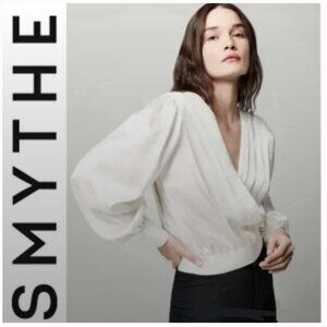 SMYTHE White Pleated Crossover Blouse Women's Top